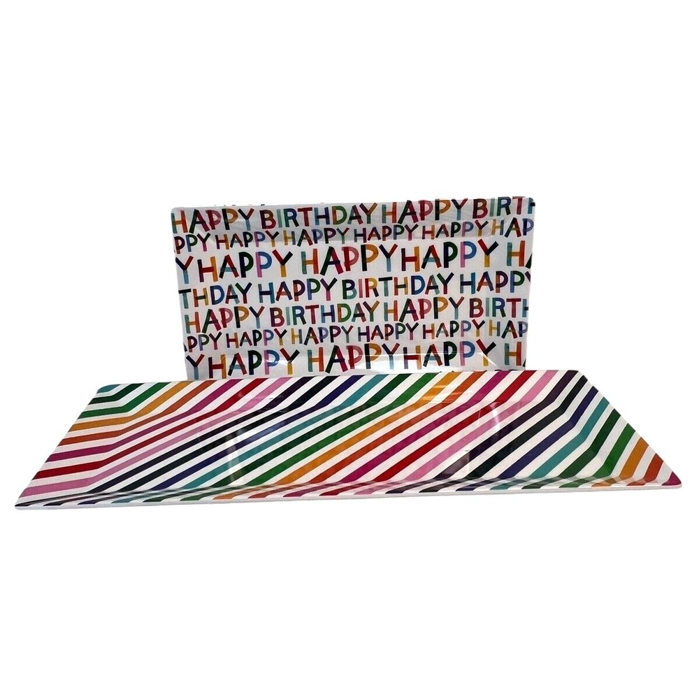 Happy Birthday‎ & Striped Novogratz Melamine Serving Trays Platter Set 2 NWT